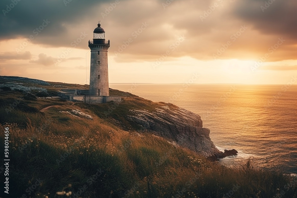 Naklejka premium A stunning image of a lighthouse situated near the sea, with breathtaking views of the sunrise and sunset. This picturesque scenery captures the essence of peace, serenity, and beauty. Ai generated.