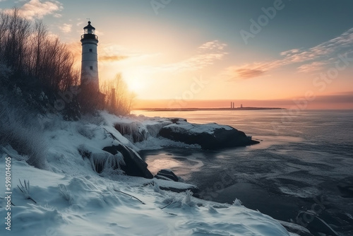 A stunning image of a lighthouse situated near the sea, with breathtaking views of the sunrise and sunset. This picturesque scenery captures the essence of peace, serenity, and beauty. Ai generated.