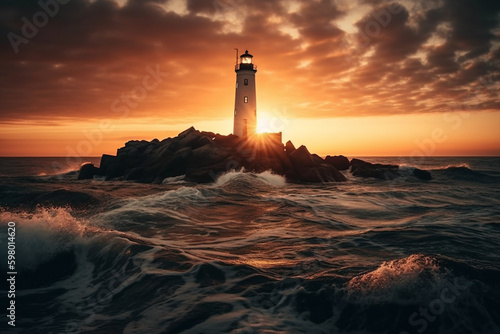 A stunning image of a lighthouse situated near the sea, with breathtaking views of the sunrise and sunset. This picturesque scenery captures the essence of peace, serenity, and beauty. Ai generated. © ankreative