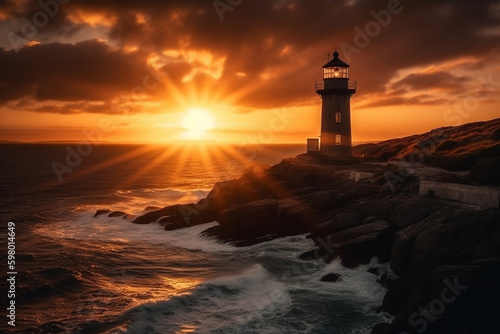 A stunning image of a lighthouse situated near the sea, with breathtaking views of the sunrise and sunset. This picturesque scenery captures the essence of peace, serenity, and beauty. Ai generated. © ankreative
