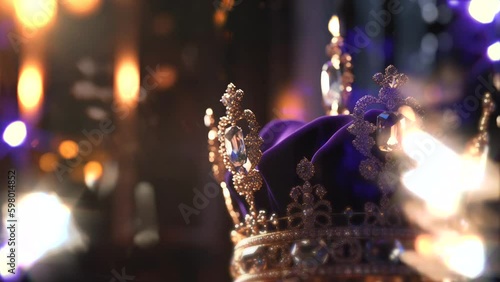 A gold royal king queen coronation crown with jewels and diamonds against a blurred gothic cathedral background with looped crystal and glass light leak overlays. A.I. generated background image. photo