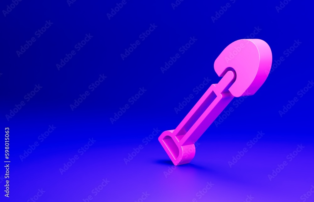 Pink Shovel icon isolated on blue background. Gardening tool. Tool for horticulture, agriculture, farming. Minimalism concept. 3D render illustration Pink Shovel icon isolated on blue background. Gardening tool. Tool for horticulture, agriculture, farming. Minimalism concept. 3D render illustration