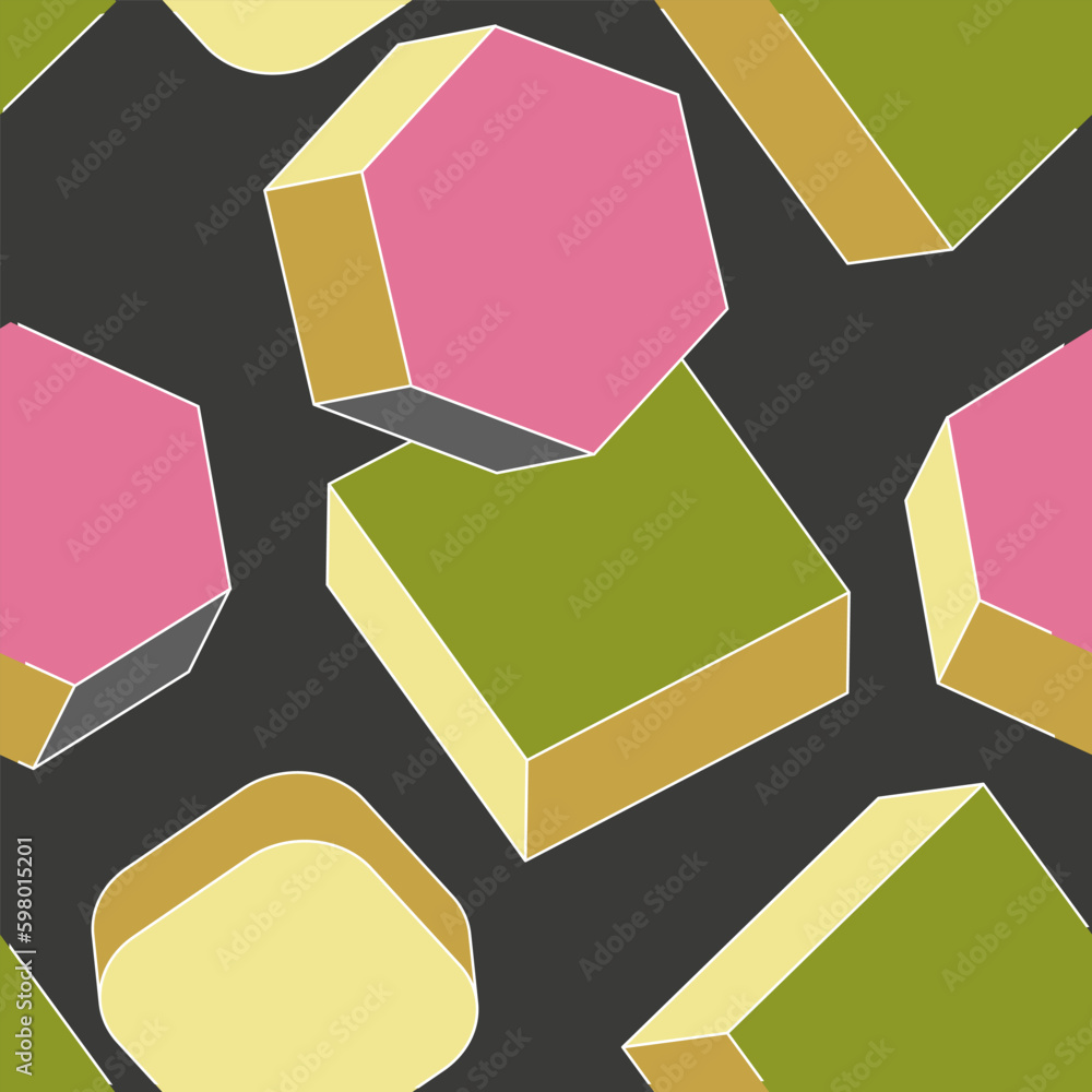 Seamless pattern with randomly placed colored isometric figures on a dark background. Vector illustration Seamless pattern with randomly placed colored isometric figures on a dark background. Vector illustration