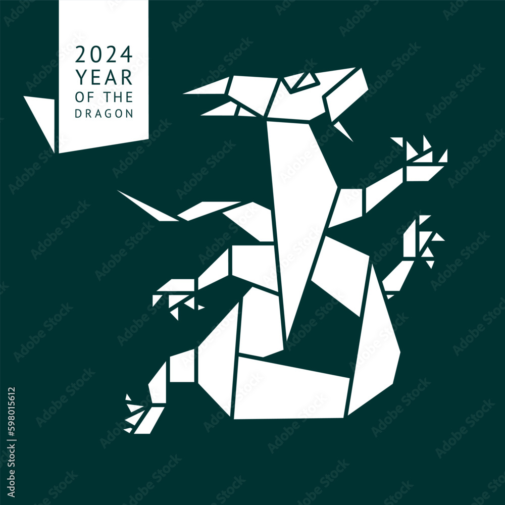 Fototapeta premium Origami water dragon made white paper, 2024 Year, for New Year's greetings and christmas design, simple vector illustration