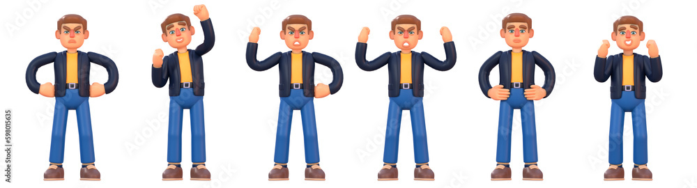 3d render of man in suit and yellow shirt showing various emotions, poses. Cheerful 3d businessman set 3d render of man in suit and yellow shirt showing various emotions, poses. Cheerful 3d businessman set