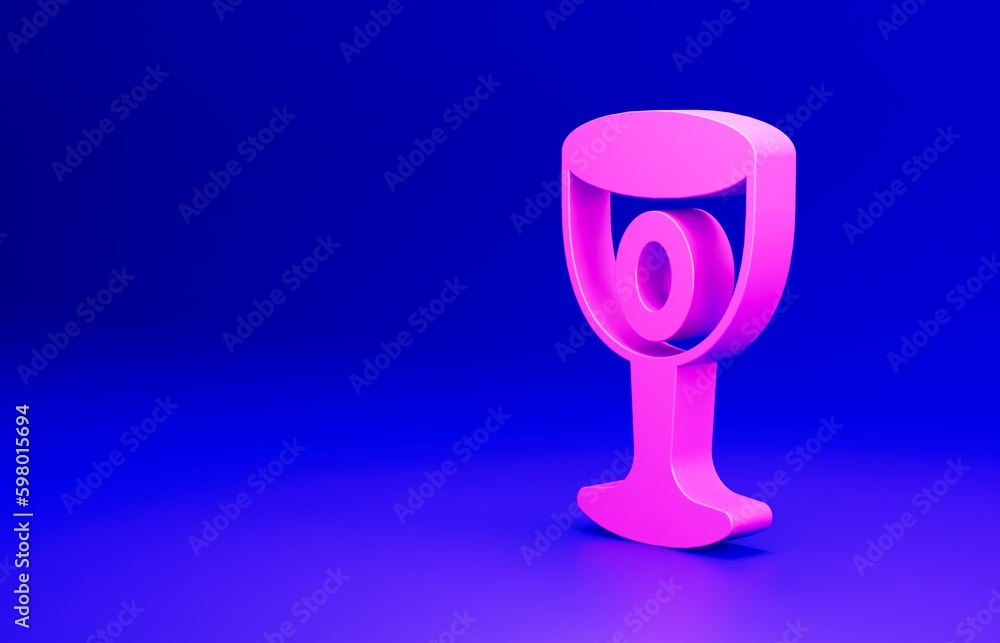Pink Medieval goblet icon isolated on blue background. Holy grail. Minimalism concept. 3D render illustration Pink Medieval goblet icon isolated on blue background. Holy grail. Minimalism concept. 3D render illustration