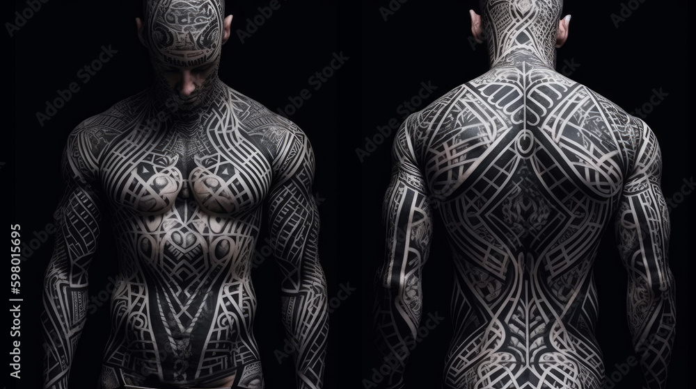 Full body tattoo, man with full body tattoo, generative ai Stock