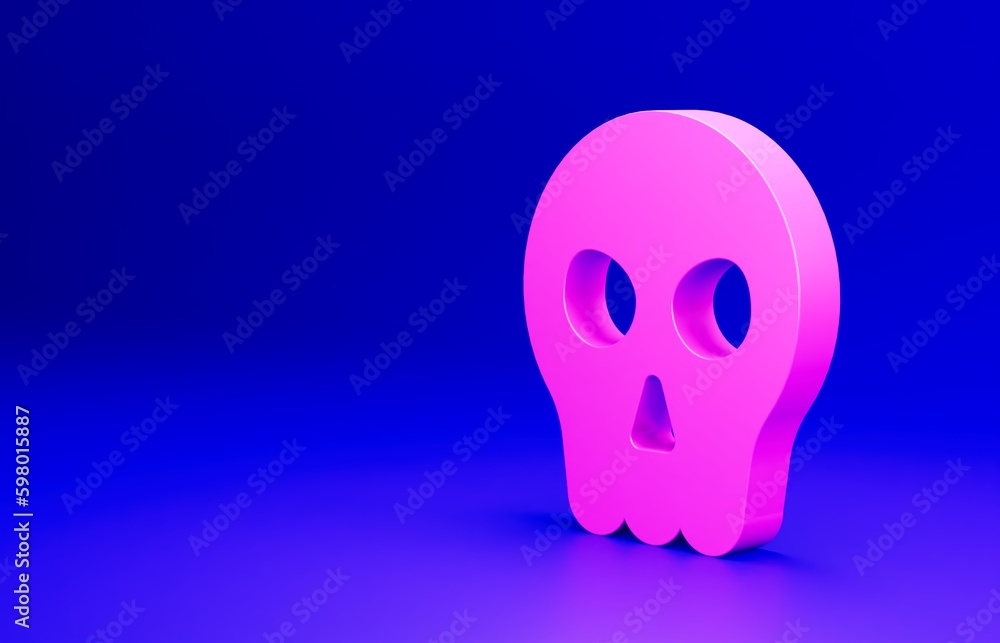 Pink Skull icon isolated on blue background. Happy Halloween party. Minimalism concept. 3D render illustration Pink Skull icon isolated on blue background. Happy Halloween party. Minimalism concept. 3D render illustration