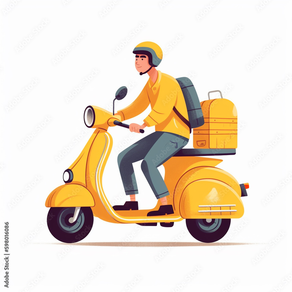 Flat 2D illustration of a courier wearing a yellow uniform, and riding a yellow motorcycle. Delivered items are placed in secure containers and bags. Flat 2D illustration of a courier wearing a yellow uniform, and riding a yellow motorcycle. Delivered items are placed in secure containers and bags.