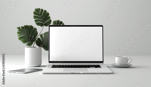 Laptop mockup with green leaves on white background, Generative AI