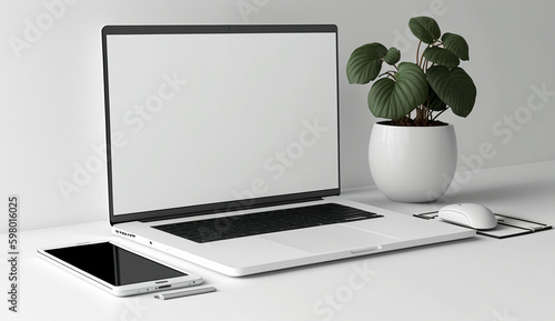 Laptop mockup with green leaves on white background, Generative AI