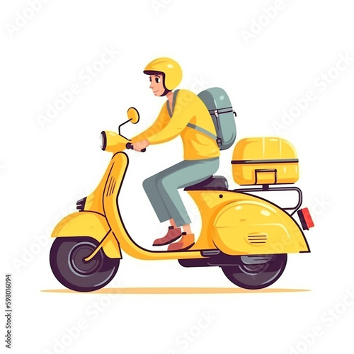 Flat 2D illustration of a courier wearing a yellow uniform, and riding a yellow motorcycle. Delivered items are placed in secure containers and bags. © Aisyaqilumar