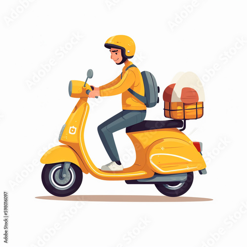 Flat 2D illustration of a courier wearing a yellow uniform, and riding a yellow motorcycle. Delivered items are placed in secure containers and bags. © Aisyaqilumar