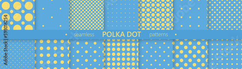 Collection of vector seamless dotted geometric patterns. Simple bright blue and yellow spotted textures - repeatable unusual backgrounds. Textile endless polka dot prints