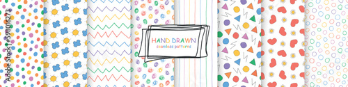 Collection of vector seamless colorful patterns - hand drawn design. Minimalistic children drawing backgrounds. Bright textile endless cute prints