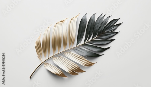 Gold palm leaves on white background, green leaf, mixed leaves, generated AI