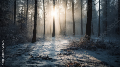 Winter forest covered with snow at sunrise, generative ai