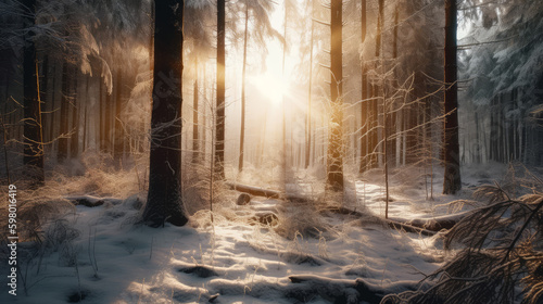 Winter forest covered with snow at sunrise, generative ai © TheGoldTiger