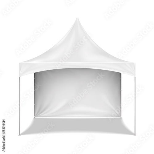 Blank white canopy tent with back wall realistic vector mock-up. Camping gazebo mockup. Outdoor summer event portable instant shelter template