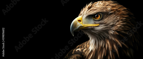 Eagle head in profile or side close-up. Panoramic image of the eagle's head on the right against the background of a black isolated banner. Generative AI.