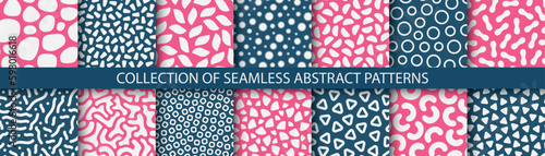 Collection of vector seamless color trendy patterns. Simple fabric prints with abstract shapes. Repeatable bright textures - unusual backgrounds