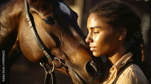 Girl with horse portrait, portrait of girl model with sunshine, generative ai