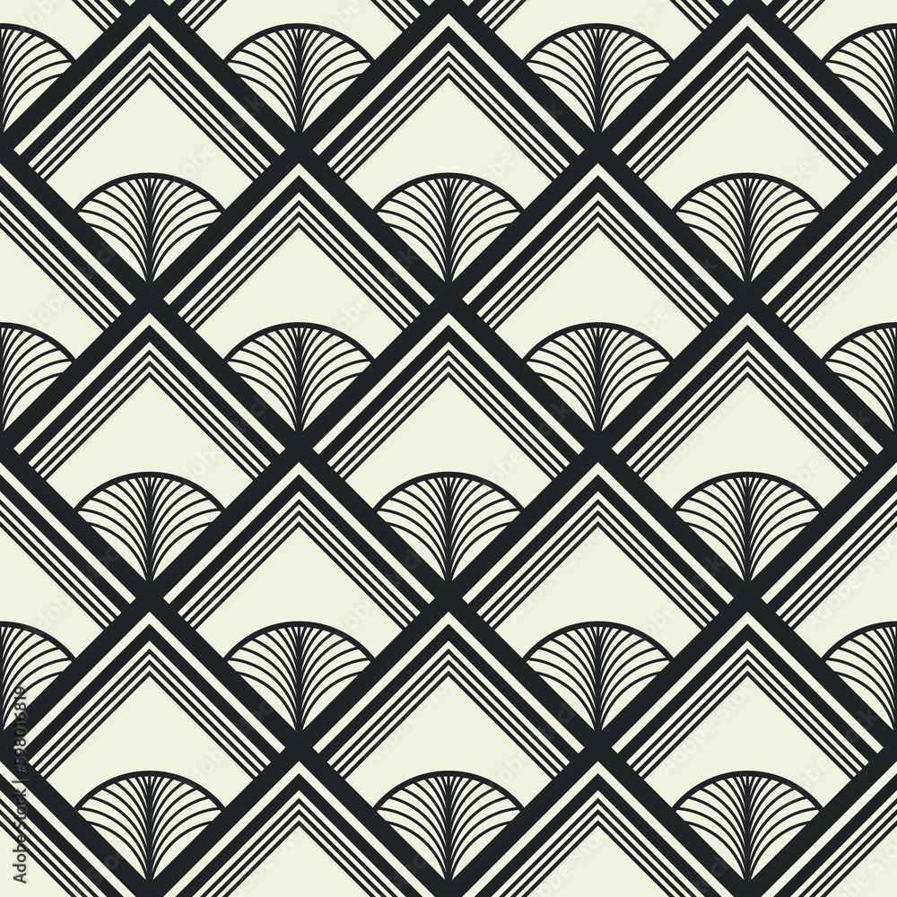 Vector seamless geometric art deco pattern. Ornamental beige and black creative design. Repeatable monochrome background. Ornate fabric print Vector seamless geometric art deco pattern. Ornamental beige and black creative design. Repeatable monochrome background. Ornate fabric print