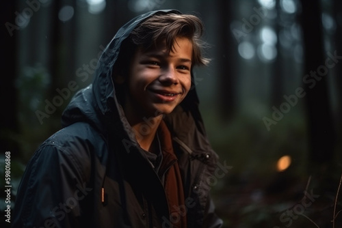 teenager, preteen boy camping with tent in forest, joy and fun in nature, smile. Generative AI