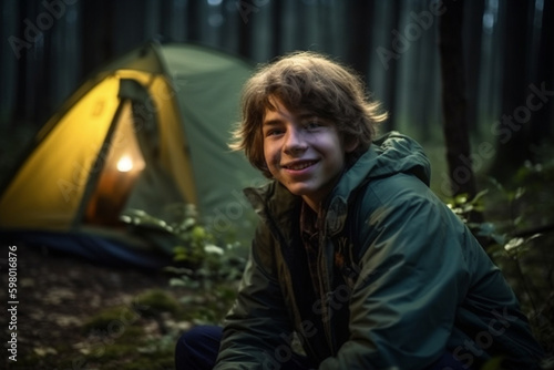 teenager, preteen boy camping with tent in forest, joy and fun in nature, smile. Generative AI
