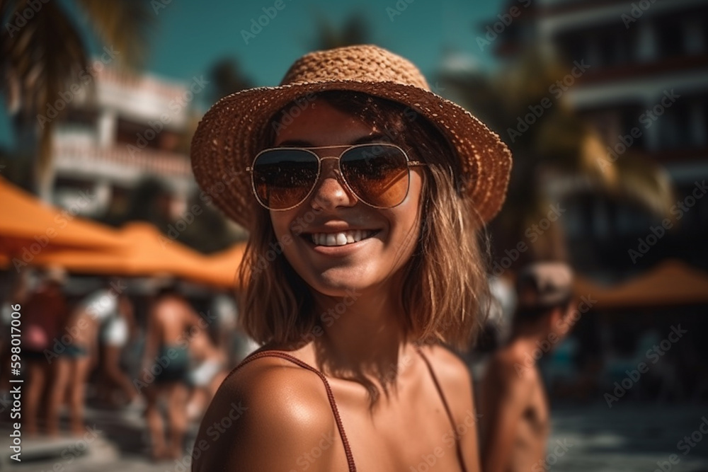 young adult woman on the beach with many other tourists, bikini fun and joy in summer vacation, fictitious place. Generative AI young adult woman on the beach with many other tourists, bikini fun and joy in summer vacation, fictitious place. Generative AI
