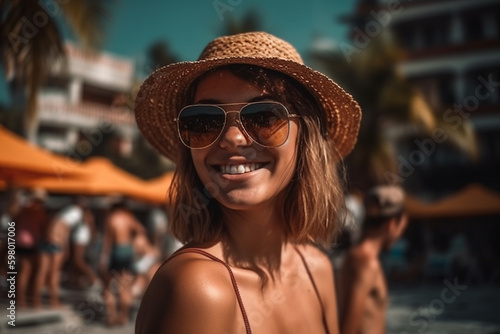 young adult woman on the beach with many other tourists, bikini fun and joy in summer vacation, fictitious place. Generative AI