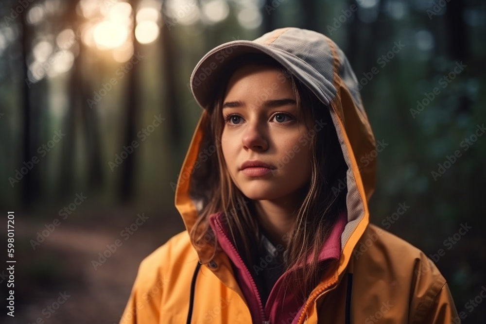 young teenager girl is bored or sad or scared, camping in forest. Generative AI young teenager girl is bored or sad or scared, camping in forest. Generative AI