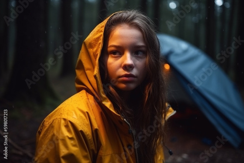 young teenager girl is bored or sad or scared, camping in forest. Generative AI