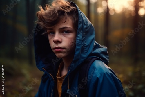 young teenager boy is bored or sad or scared, camping in forest. Generative AI