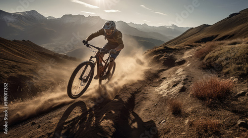 mountain bike in the mountains, capturing a cyclist speeding on edge of mountain with dust around, generative ai
