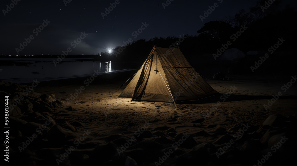 Light illuminated tent next to a lake, generative ai