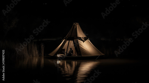 Light illuminated tent next to a lake  generative ai