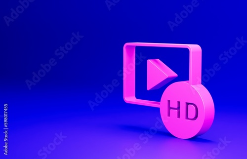 Pink Hd movie, tape, frame icon isolated on blue background. Minimalism concept. 3D render illustration