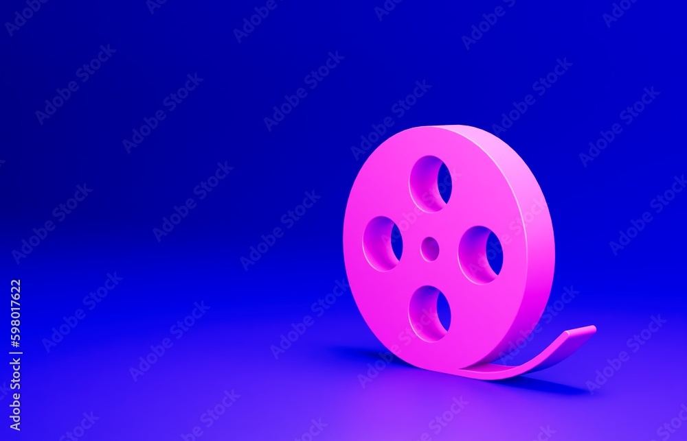 Pink Film reel icon isolated on blue background. Minimalism concept. 3D render illustration