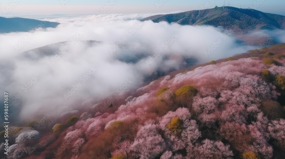 Lots of gradated pink cherry blossoms in sunset and fog, generative ai
