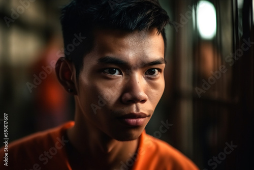 asian adult male in prison, fictional location. Generative AI