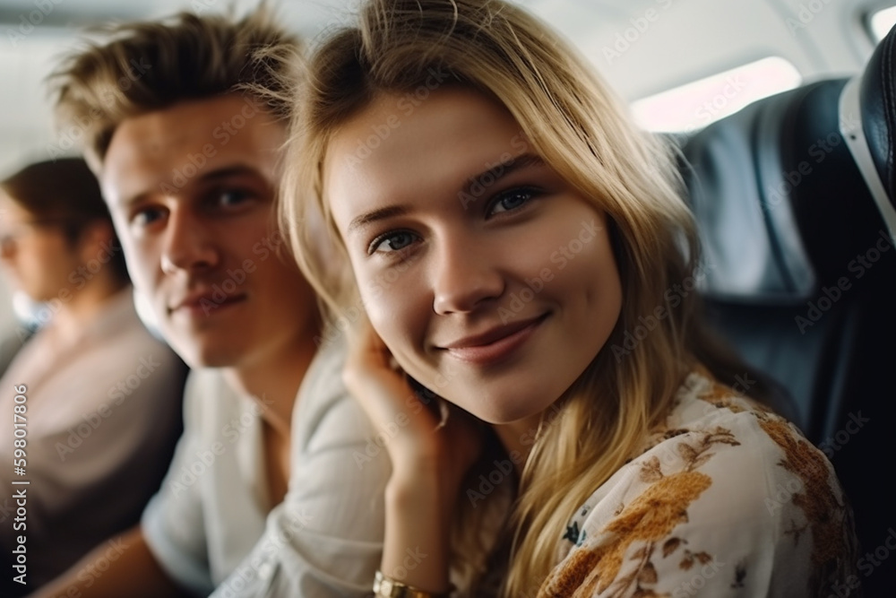 young adults in airplane. Generative AI young adults in airplane. Generative AI