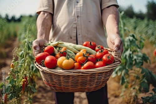 a farmer holds a basket vegetables with farm background, harvesting