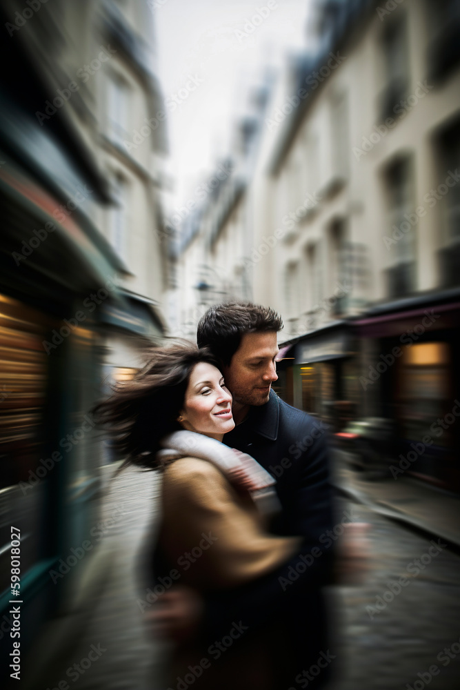 Generative AI illustration of Middle-aged couple in love walking through the city streets with feeling of motion Generative AI illustration of Middle-aged couple in love walking through the city streets with feeling of motion