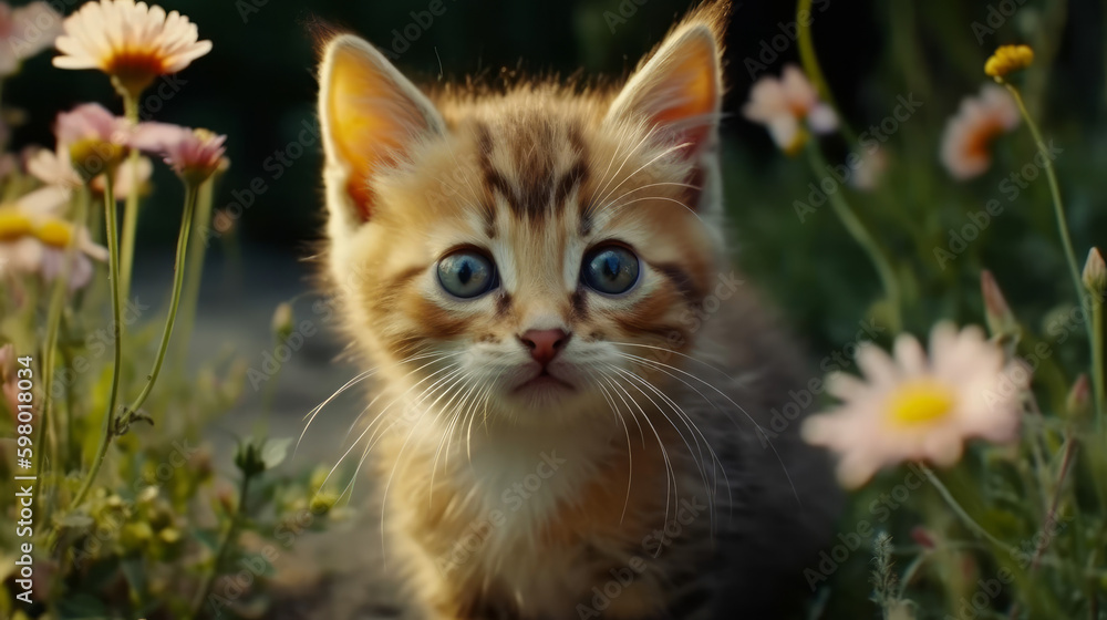 Fototapeta premium portrait of a cat, kitten with flowers and grass, generative ai