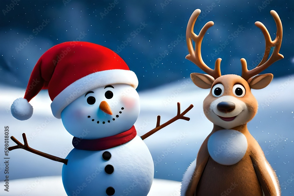 Cute happy snowman and Cute Christmas reindeer. Generative AI Cute happy snowman and Cute Christmas reindeer. Generative AI