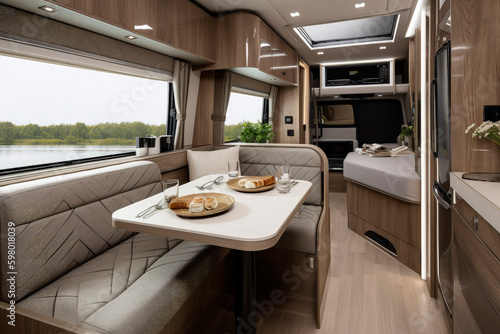Generative AI illustration of interior of motorhome with two big beds, kitchen and dining table, with style of meticulous detailing