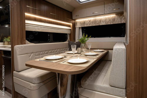 Generative AI illustration of interior of motorhome with two big beds, kitchen and dining table, with style of meticulous detailing