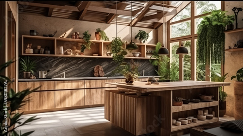 Modern kitchen interior made of natural wooden material  generative ai