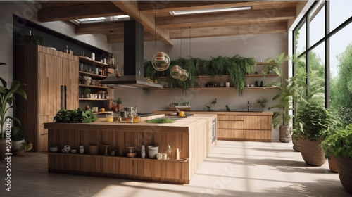 Modern kitchen interior made of natural wooden material, generative ai